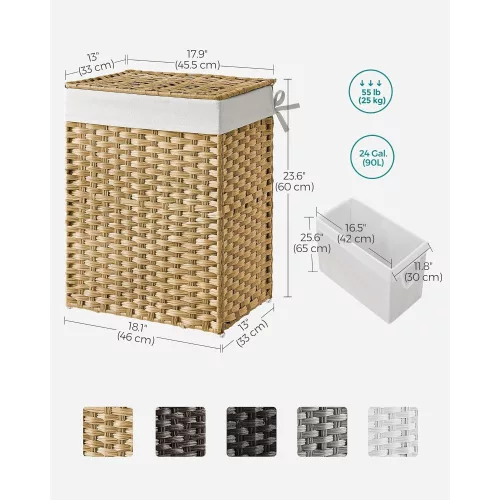 SONGMICS Kézzel szőtt mosókosár, 90L szintetikus rattan ruhakosár fedéllel és
