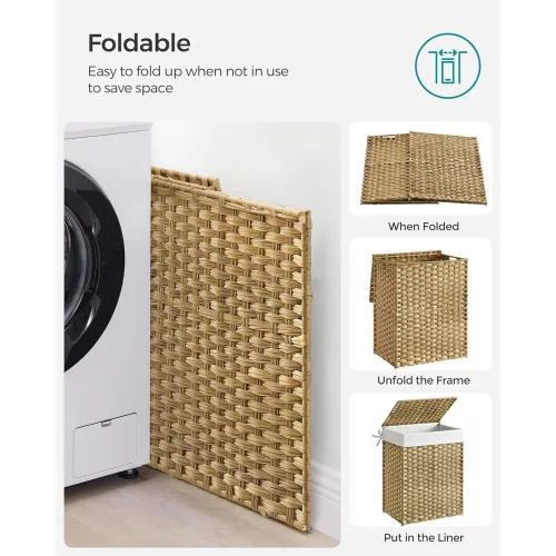SONGMICS Kézzel szőtt mosókosár, 90L szintetikus rattan ruhakosár fedéllel és