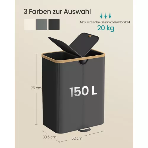 Szennyestartó 2 rekesszel, bambusz fedéllel, 150 l, Oxford szövet, fekete