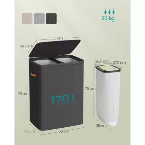 Szennyeskosár, 44.9 Gallon, 2 rekeszes, könnyű összeszerelés, fekete