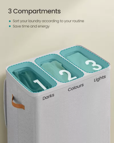 Szennyestartó, 3 rekesszel, levehető béléssel, fedéllel, szürke, 64 x 40 x 75 cm