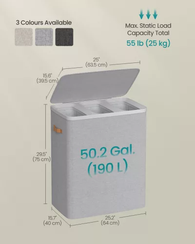 Szennyestartó, 3 rekesszel, levehető béléssel, fedéllel, szürke, 64 x 40 x 75 cm