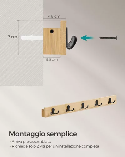 SONGMICS Falikabát akasztó polc, falikabát akasztó polc polccal, 5 dupla fém akasztóval,