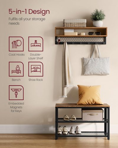 VASAGLE Kabátakas Cipőtároló Padlószekrény Készlet, Folyosófa, Folyosó Bútor,