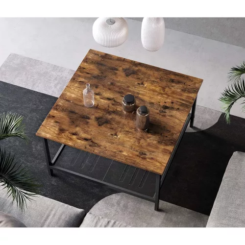 VASAGLE Kávézóasztal, négyzet alakú koktél asztal tágas asztallappal, erős acél