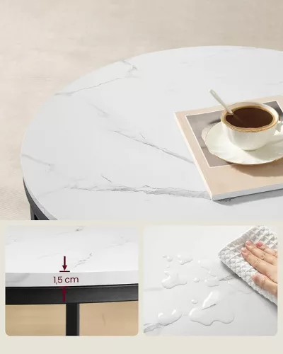 Dohányzóasztal üveglappal, nagy tárolóhellyel, modern stílus, márvány fehér és fekete