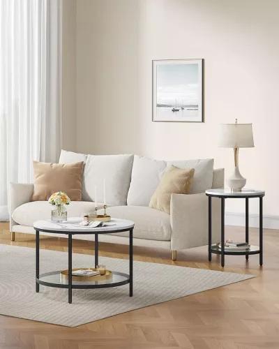 Dohányzóasztal üveglappal, nagy tárolóhellyel, modern stílus, márvány fehér és fekete