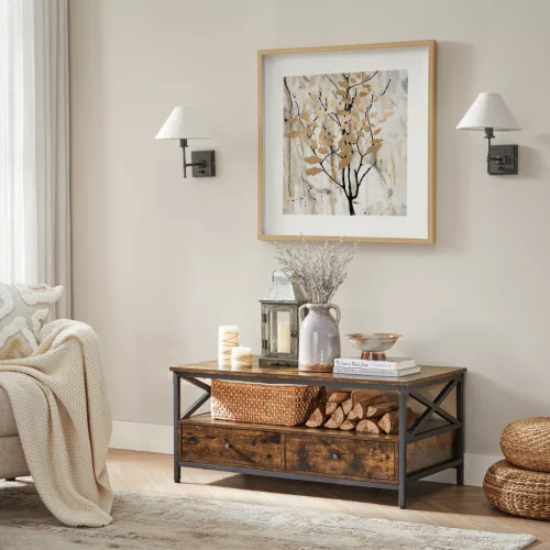 VASAGLE Dohányzóasztal, Nappali Asztal, 2 Fiókkal és Nyitott Tárolópolccal, X Alakú