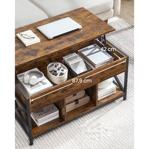 Dohányzóasztal, emelhető asztallappal, rejtett tárolóval, rusztikus barna és fekete