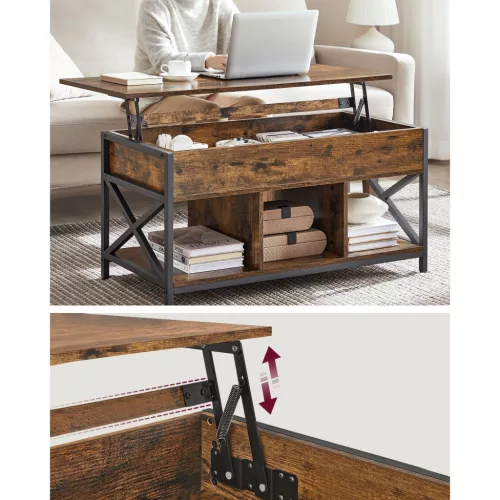 Dohányzóasztal, emelhető asztallappal, rejtett tárolóval, rusztikus barna és fekete