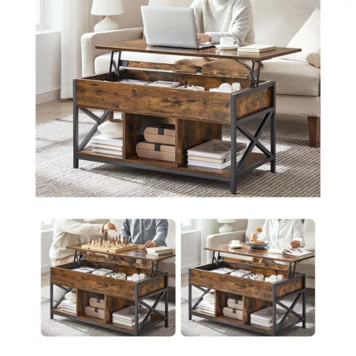 Dohányzóasztal, emelhető asztallappal, rejtett tárolóval, rusztikus barna és fekete