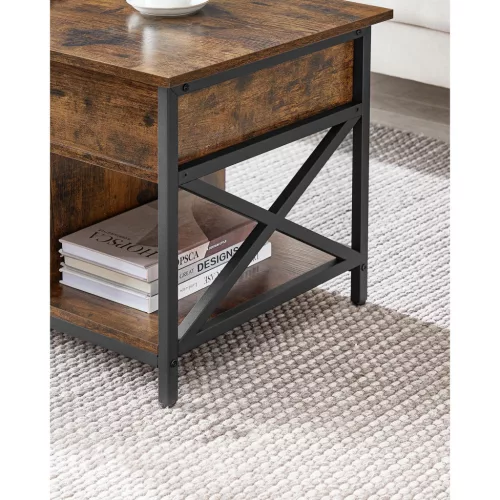 Dohányzóasztal, emelhető asztallappal, rejtett tárolóval, rusztikus barna és fekete