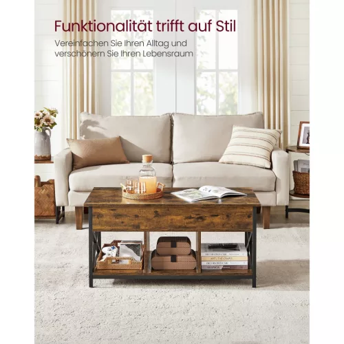 Dohányzóasztal, emelhető asztallappal, rejtett tárolóval, rusztikus barna és fekete