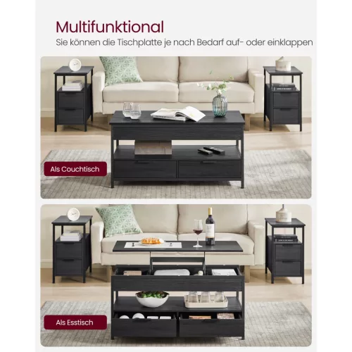 VASAGLE Emelhető Tetős Dohányzóasztal, Nappali Asztal, Tároló Fiókokkal, Rejtett