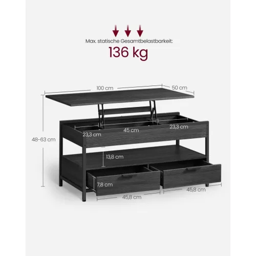 VASAGLE Emelhető Tetős Dohányzóasztal, Nappali Asztal, Tároló Fiókokkal, Rejtett