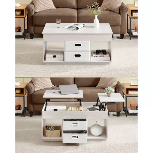 Dohányzóasztal, emelhető asztallap, két fiókkal, tárolóval, greige 100x50x45cm