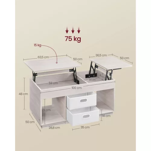Dohányzóasztal, emelhető asztallap, két fiókkal, tárolóval, greige 100x50x45cm