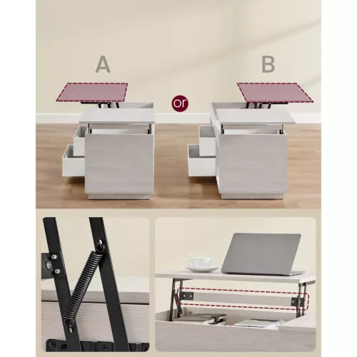 Dohányzóasztal, emelhető asztallap, két fiókkal, tárolóval, greige 100x50x45cm