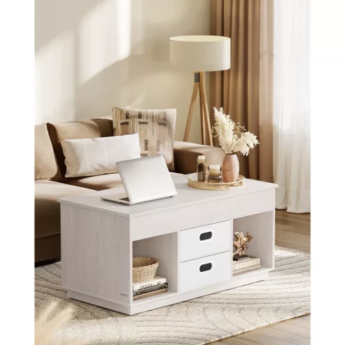 Dohányzóasztal, emelhető asztallap, két fiókkal, tárolóval, greige 100x50x45cm