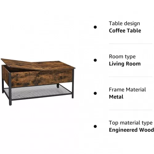 VASAGLE Kávézóasztal, Nappali asztal fordítható fedéllel, Rejtett tároló rekesz