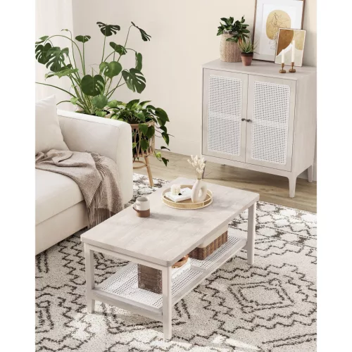 VASAGLE LCT240K66 2 szintes nappali asztal tárolóhellyel, PVC rattan polccal,