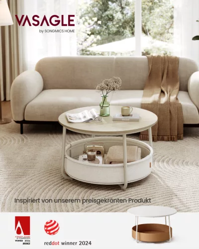 Kerek dohányzóasztal tárolóhellyel, modern fémkerettel, bézs