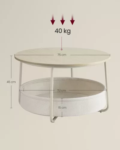 Kerek dohányzóasztal tárolóhellyel, modern fémkerettel, bézs