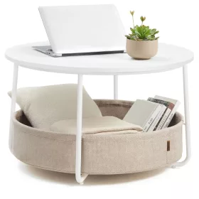   Dohányzóasztal, kerek, tárolóval, modern stílusú, fehér és világos barna, 80 cm