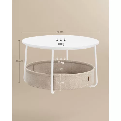 Dohányzóasztal, kerek, tárolóval, modern stílusú, fehér és világos barna, 80 cm