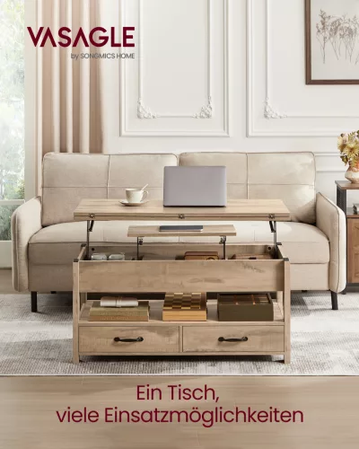 Dohányzóasztal, emelhető asztallappal, 2 fiókkal, világos barna