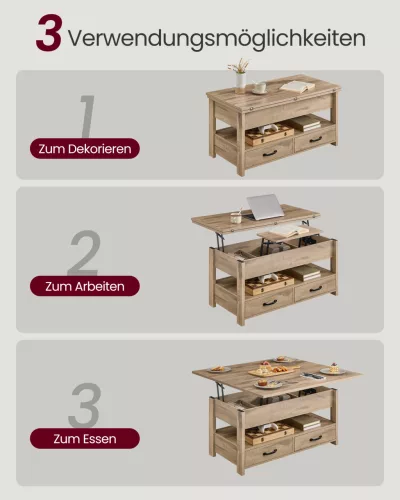 Dohányzóasztal, emelhető asztallappal, 2 fiókkal, világos barna