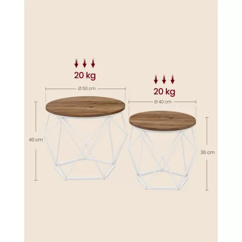 VASAGLE Kerek Dohányzóasztalok, 2 db-os Kisasztal Készlet, Modern Stílus, Levehető