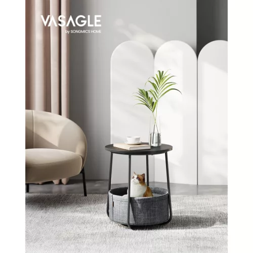 VASAGLE Kis Kerek Oldalasztal, Modern Éjjeliszekrény Szövet Kosárral, Éjjeliszekrény