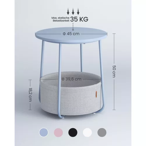 VASAGLE Oldalasztal, Kerek Dohányzóasztal Szövet Kosárral, Tágas, Nappaliba és