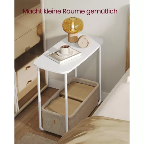 VASAGLE Kis Kerek Oldalsó Asztal, Modern Éjjeliszekrény Szövet Kosárral, Matt Fehér és