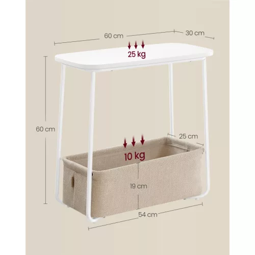 VASAGLE Kis Kerek Oldalsó Asztal, Modern Éjjeliszekrény Szövet Kosárral, Matt Fehér és