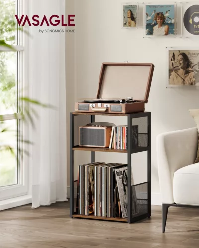 Lemezjátszó állvány, 3 szintes, rusztikus barna, 100 albumig