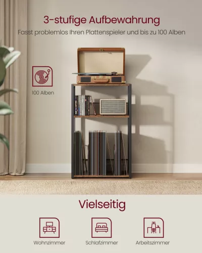 Lemezjátszó állvány, 3 szintes, rusztikus barna, 100 albumig