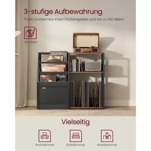 Lemezjátszó állvány, 3 szintes, rusztikus barna, 140 albumig