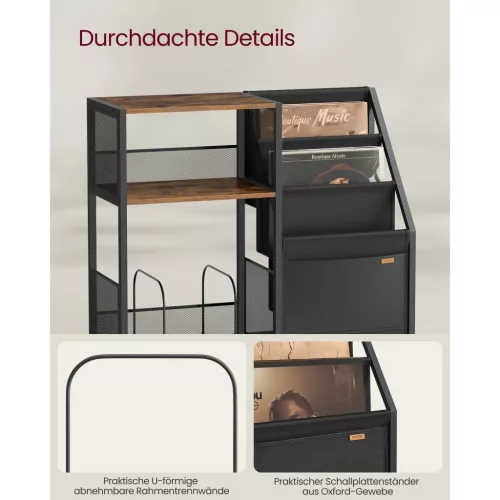 Lemezjátszó állvány, 3 szintes, rusztikus barna, 140 albumig
