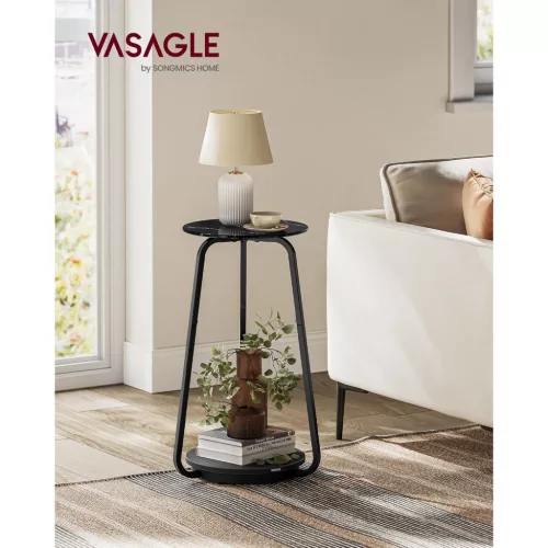 VASAGLE Kerek Oldalsó Asztal, 2 Szintes Éjjeliszekrény, Üveg Tetővel és Forgácslap