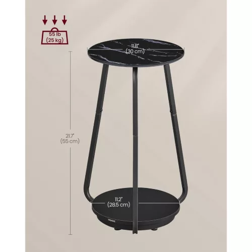 VASAGLE Kerek Oldalsó Asztal, 2 Szintes Éjjeliszekrény, Üveg Tetővel és Forgácslap