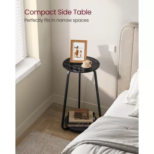 VASAGLE Kerek Oldalsó Asztal, 2 Szintes Éjjeliszekrény, Üveg Tetővel és Forgácslap