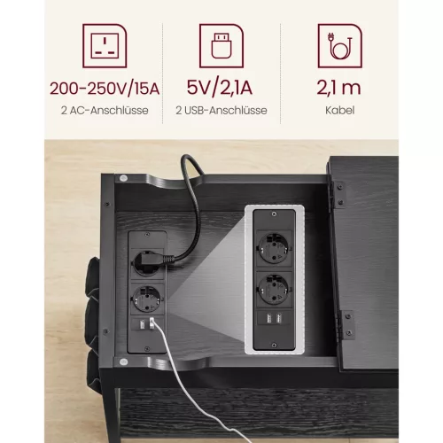 VASAGLE Oldalsó Asztal Beépített Hálózati Csatlakozóval, Keskeny Oldalsó Asztal USB