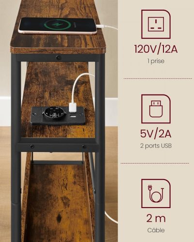 VASAGLE Vékony Oldalsó Asztal Power Strip-pel, 3 Szintes Éjjeliszekrény, Vége Asztal, Kis