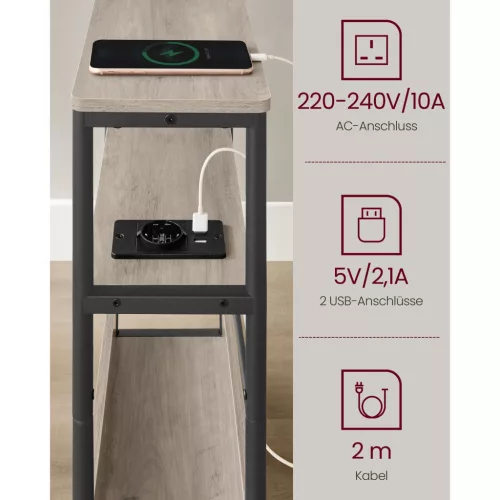 VASAGLE Keskeny Oldalasztal Beépített Konnektorral, 3 Szintes Éjjeliszekrény, Kanapé