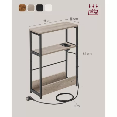 VASAGLE Keskeny Oldalasztal Beépített Konnektorral, 3 Szintes Éjjeliszekrény, Kanapé