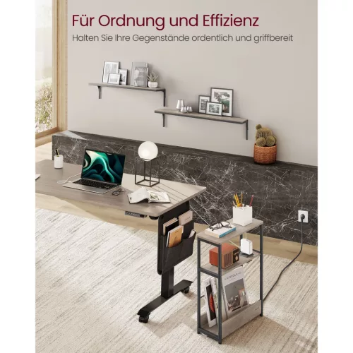 VASAGLE Keskeny Oldalasztal Beépített Konnektorral, 3 Szintes Éjjeliszekrény, Kanapé