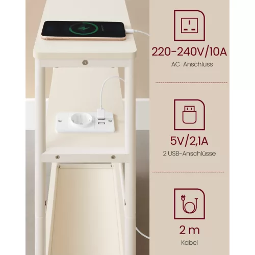 VASAGLE Keskeny Oldalasztal Beépített Hálózati Csatlakozóval, 3 Szintes