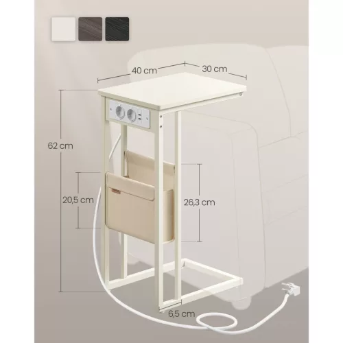 VASAGLE oldalsó asztal, éjjeliszekrény aljzatokkal, C alakú, dohányzóasztal kis terekhez, 2